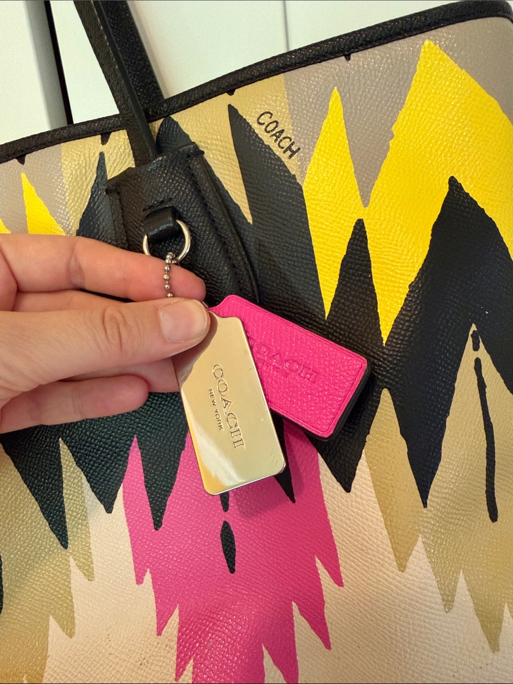 Coach Tote with Pink, Yellow, Black and Tan Paint-Stripe Design - Picture 6 of 13